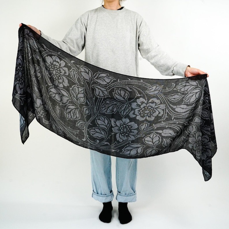 Floral Cotton Blend Scarf – Black & Grey Gothic Shawl