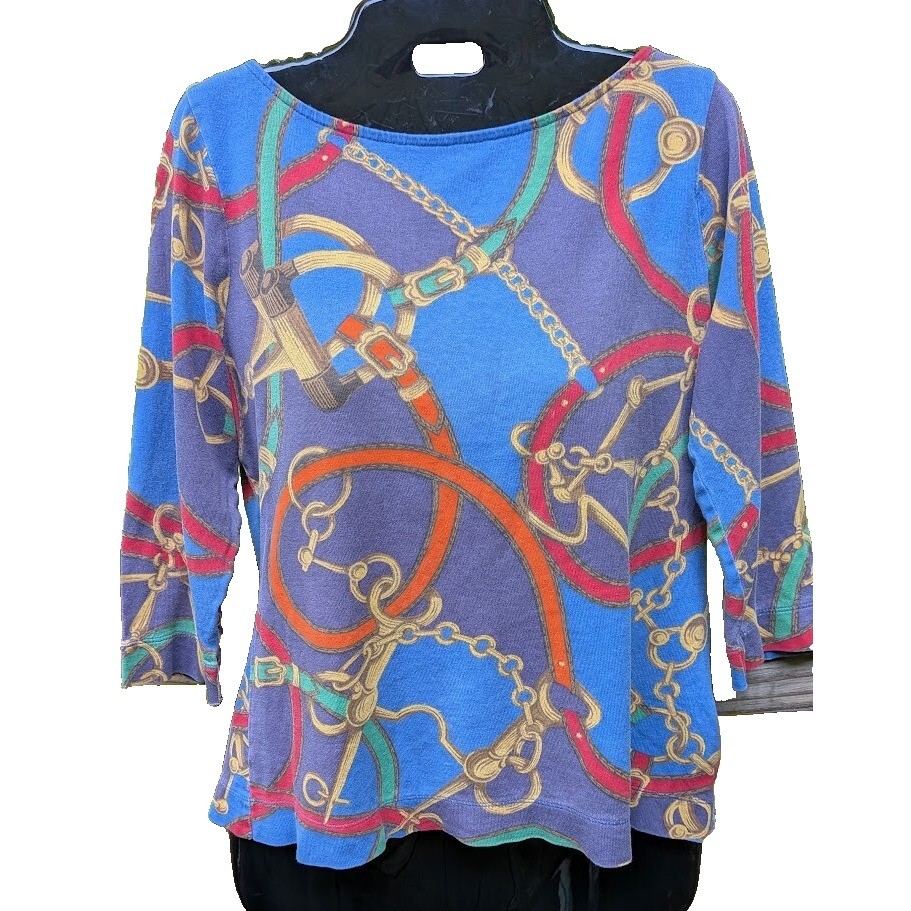 Ralph Lauren Women Equestrian Top PL Horse Tack Western Preppy Old Money Classic