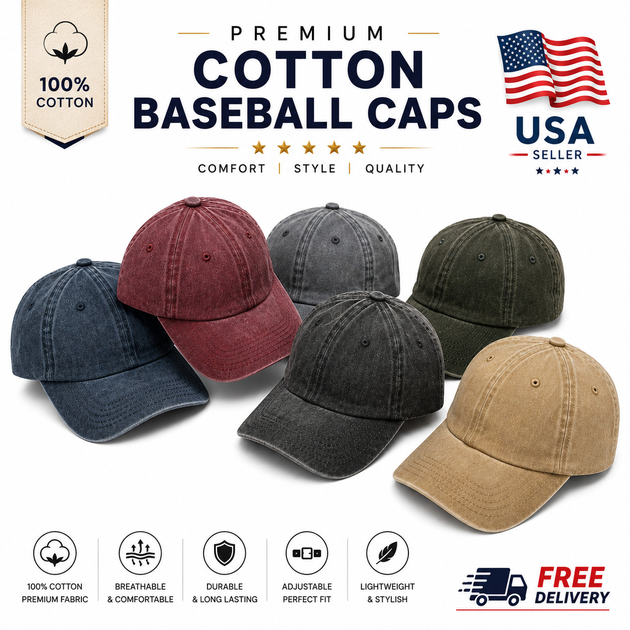 Cotton Baseball Cap Ball Dad Hat Adjustable Plain Solid Washed Men Premium 2026
