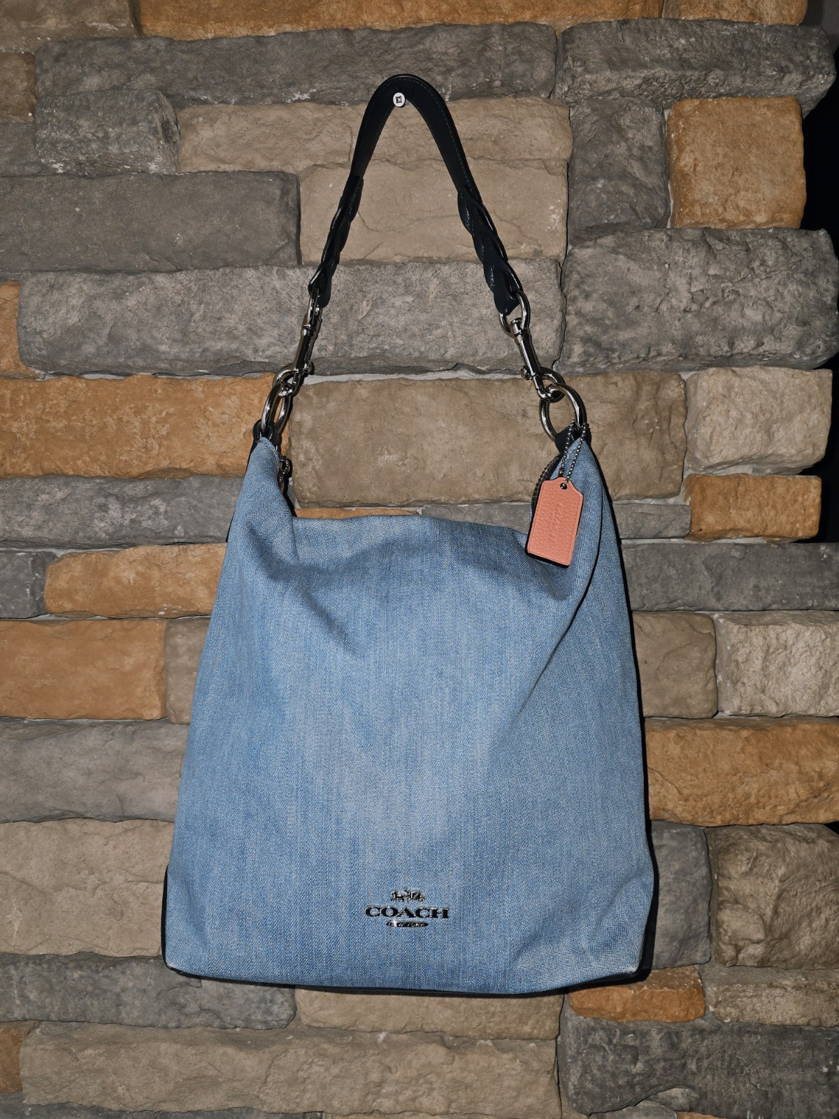 COACH 91452 Abby Duffle Shoulder Bag Light Blue Denim Navy Leather Trm Coral Int