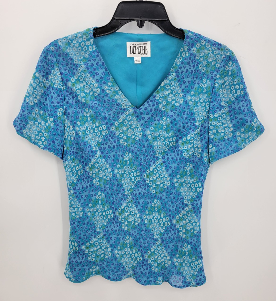 Yves Cossette Depeche Mode Top Womens 10 Blue Silk Retro 90s Vintage Geo Print