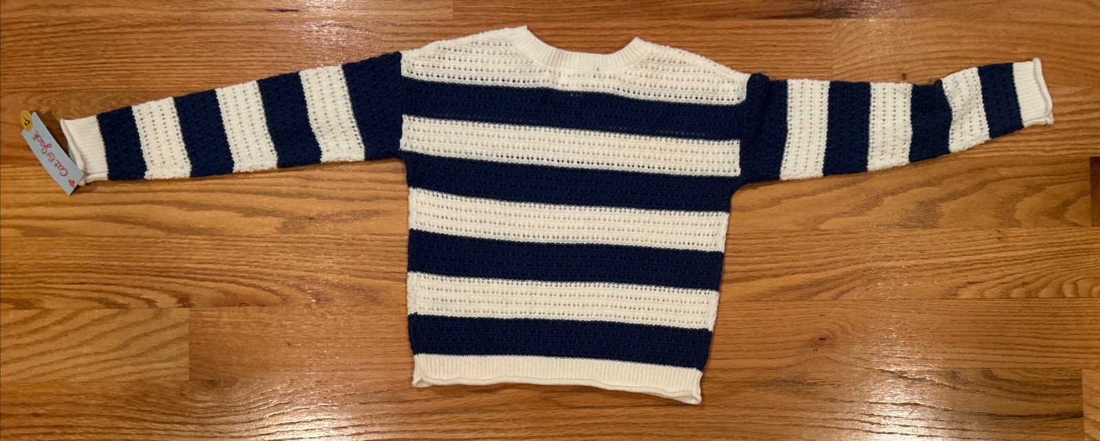 Cat & Jack Crochet Navy & Cream Stripe Long Sleeve Summer Sweater Size 6/7