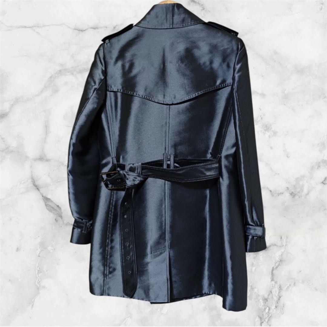 Excellent Condition Burberry London Trench Coat Double Button Blue Silk Blend