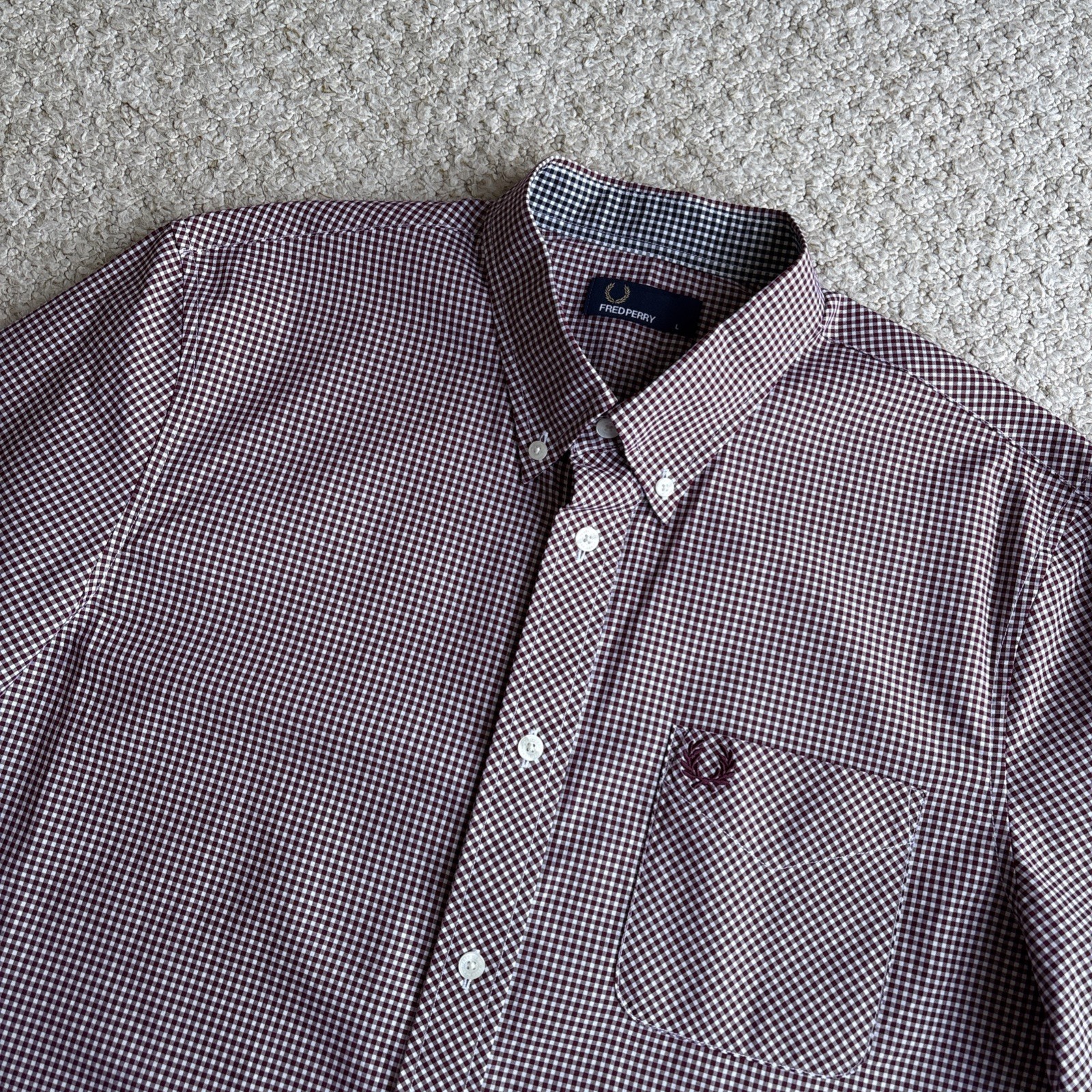 Fred Perry Gingham Check Shirt Mens Large Burgundy Button Up Cotton S/Sleeve