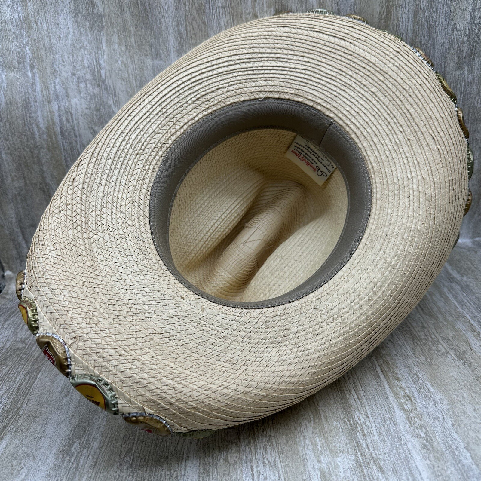 Rodeo Cowboy Hat Mens Approx Size 6.75 Straw Long Oval Wide Rim Beer Bottle Caps
