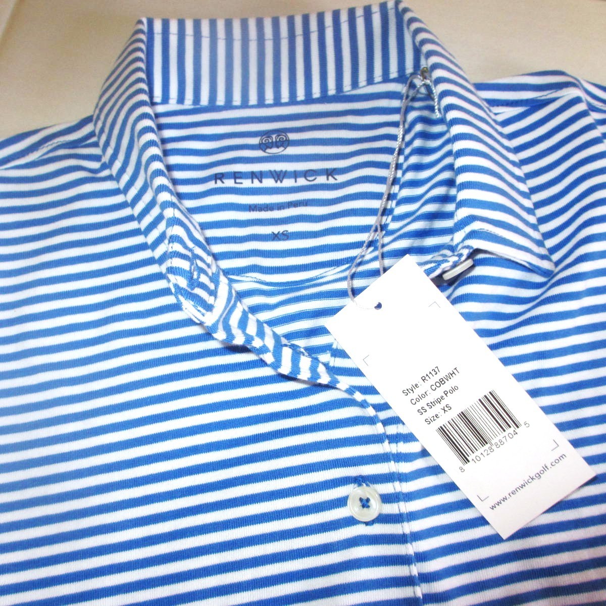 RENWICK Pima 100% Cotton Golf Polo Shirt XS Short Sleeve Cobalt White Stripe $85