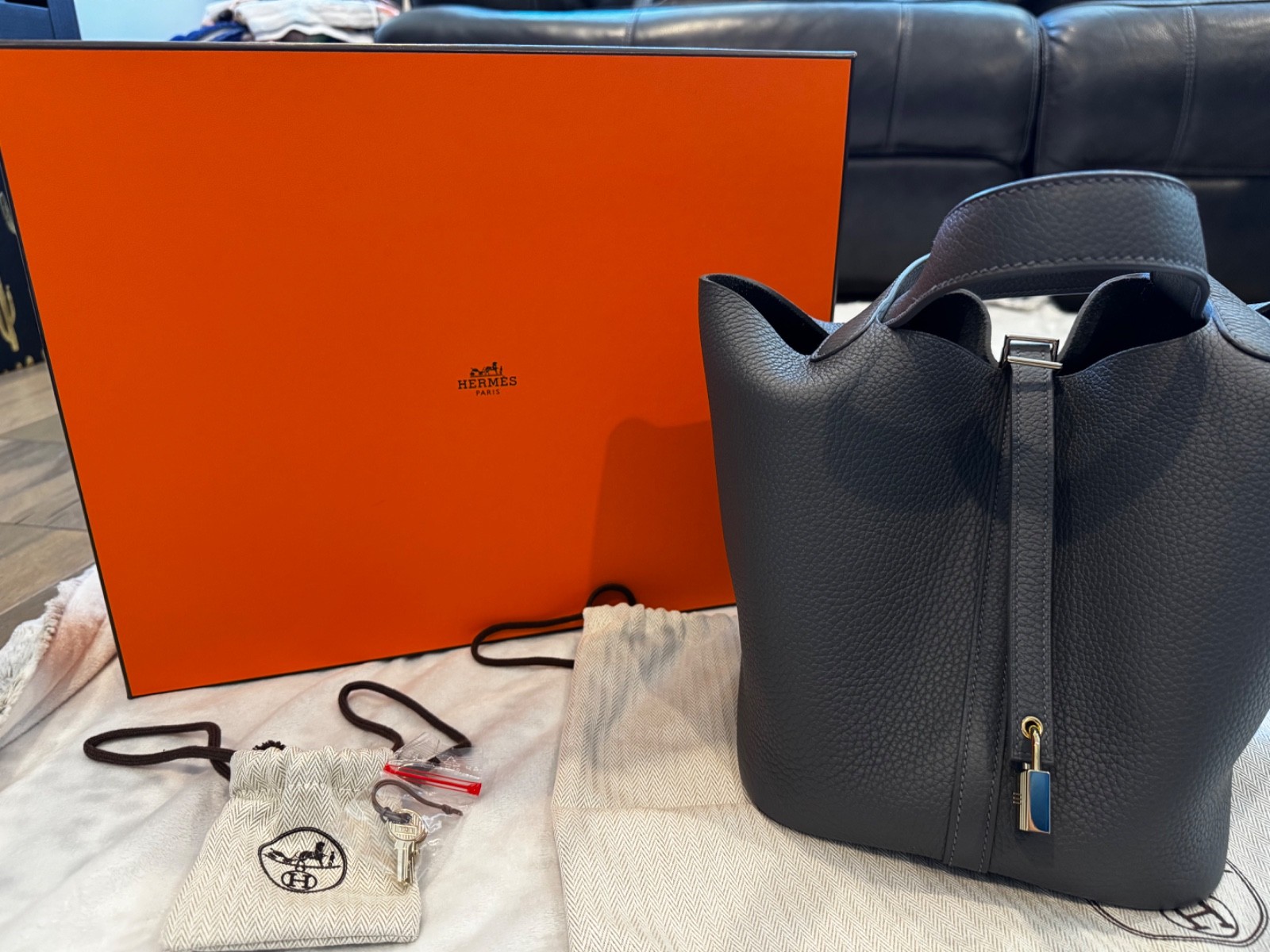 Rare Combo 2024 Hermes Clemence Leather Picotin 22 In Ardoise with Permabrass