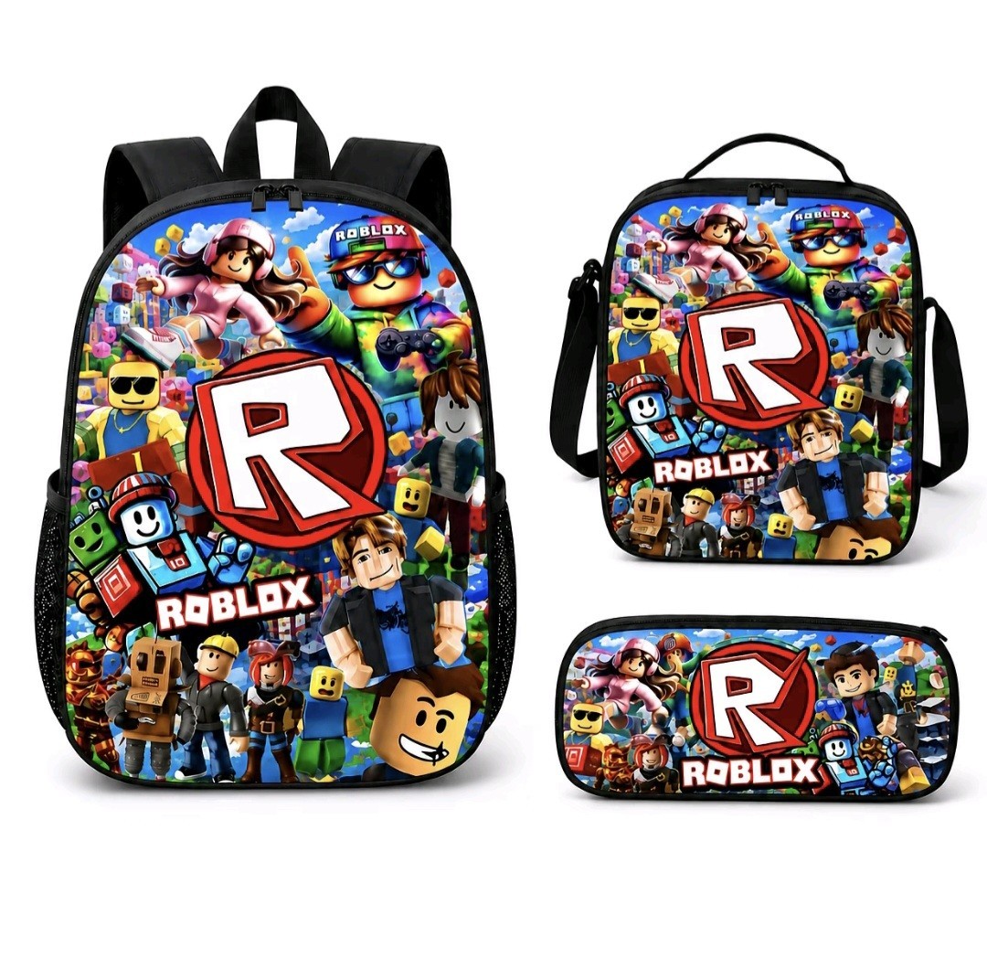 3 Pcs Boys Roblox School Backpack Set- Bag With Lunch Bag & Pencil Case – 3 In 1