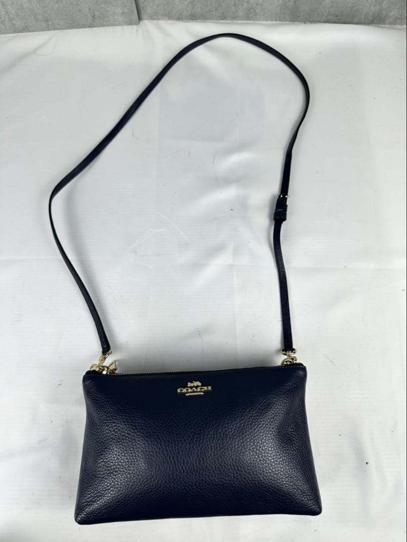 COACH Leather Shoulder Bag Layla Zipper Logo Embossed Navy