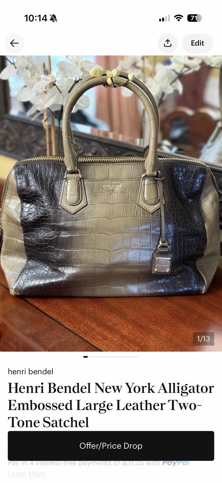 Henri Bendel Alligator Embossed Two-Tone Large Satchel Top Handle Zip Gold