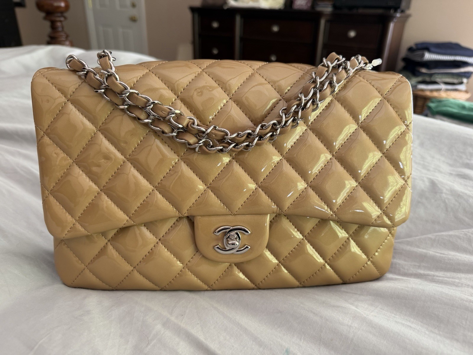 Chanel 2014 Classic Jumbo Flap Bag, Beige Patent Leather with Silver Hardware