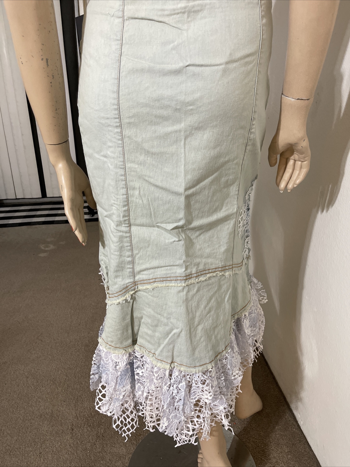 Light Blue Denim Cotton Embroidery Lace Bead Boho Size XL(10-12) Skirt SK 708