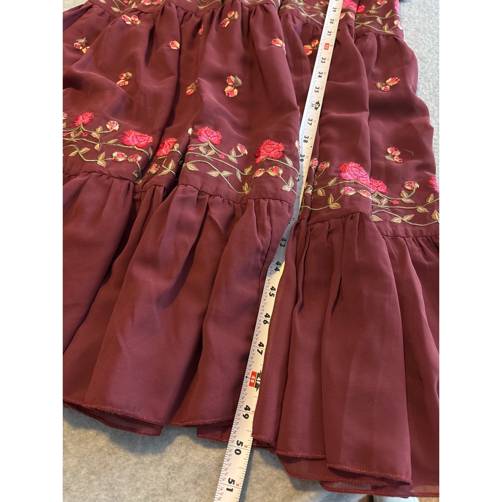 ASOS DESIGN Burgundy Floral Embroidered Tiered Maxi Dress Tie Neck Wine Size 10