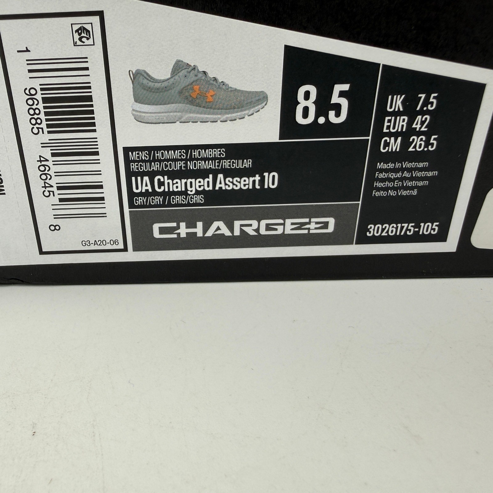 Under Armour Charged Assert 10 Shoes Mens 8.5 Grey Orange Running 3026175-105