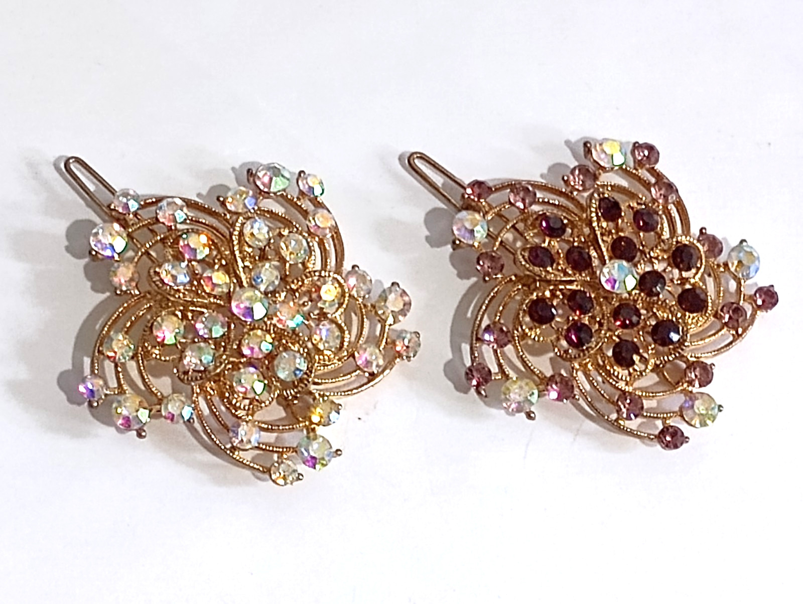 Lot of 2 Rhinestone Flower Filigree Hair Barettes 2.25in TOTYg 0115