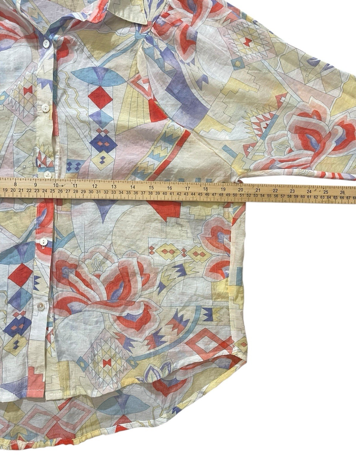 Season Women Med Blouse Lightweigt Semi Sheer Absract Colorful Flowy Button