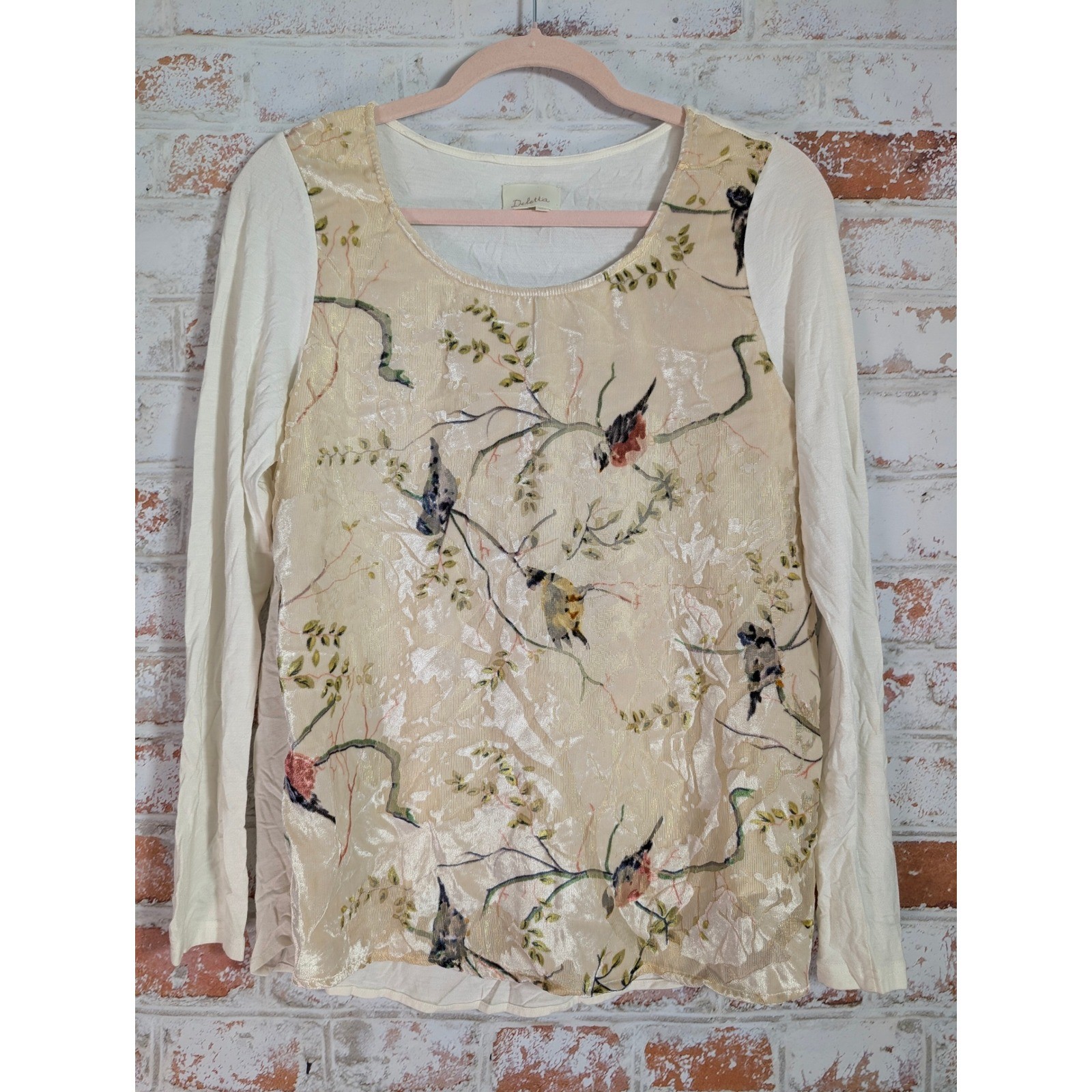 Anthropologie Deletta Top Women Small Cream Bird Print Art Feminine 5463