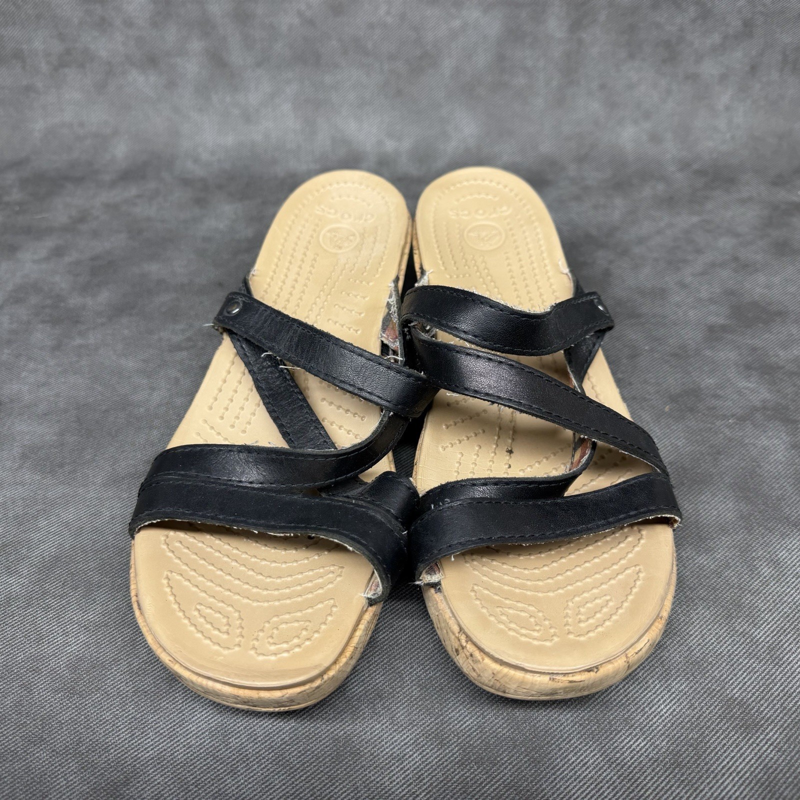 Crocs A-Leigh Cork Wedge Sandals Women’s 9 M Black Leather Straps