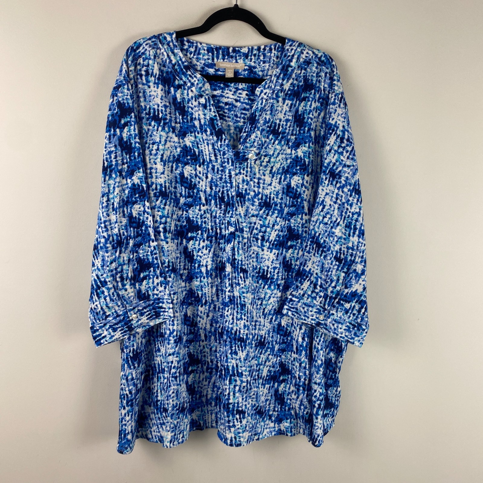 Woman Within Popover Tunic Size 4X Blue White V Neck 3/4 Sleeves Rayon