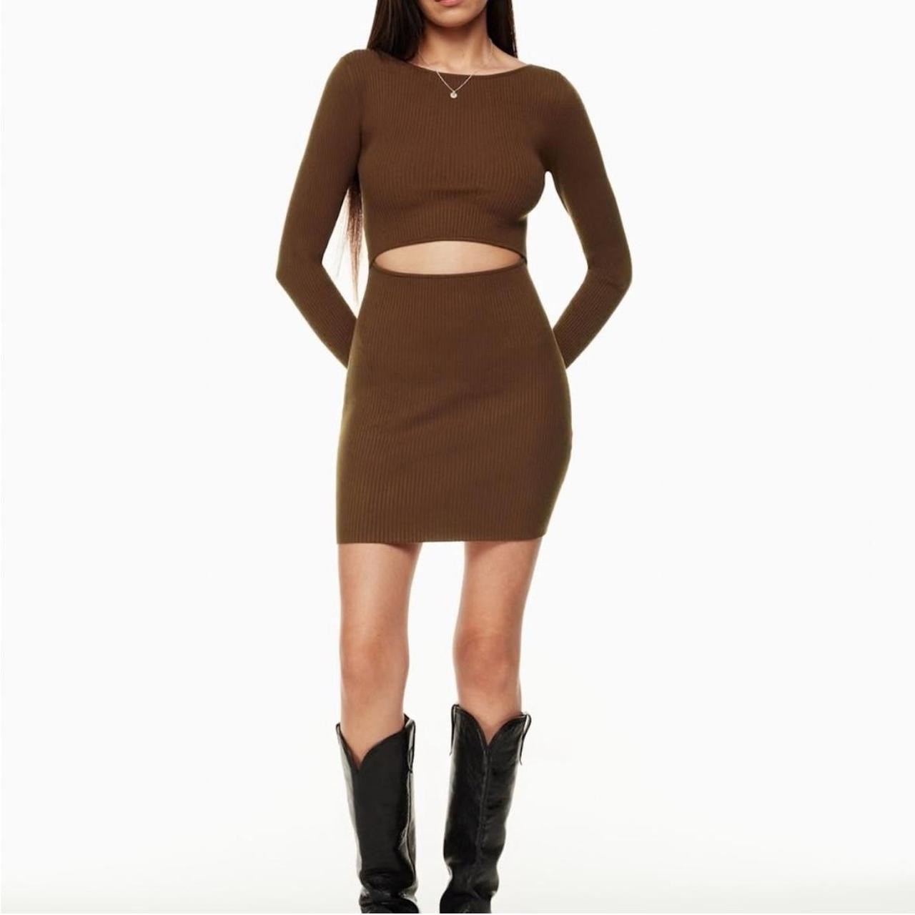 Aritzia Wilfred Cut Out Long Sleeve Knit Dress Brown Ribbed Small NWOT