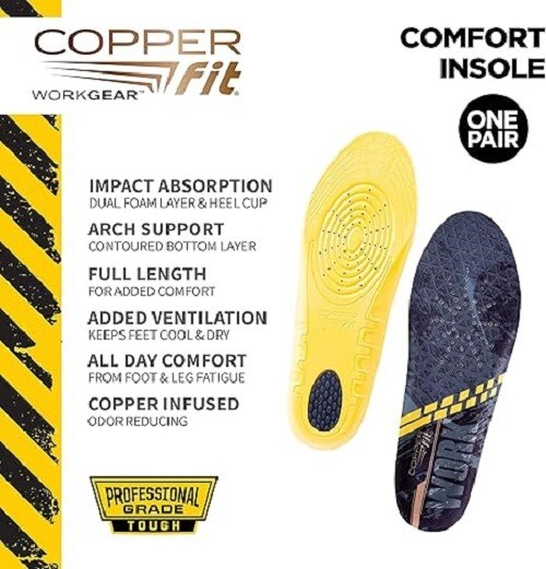 Copper Fit Men’s Work Gear Heavy Duty Insoles for Standing All Day Free Shipping