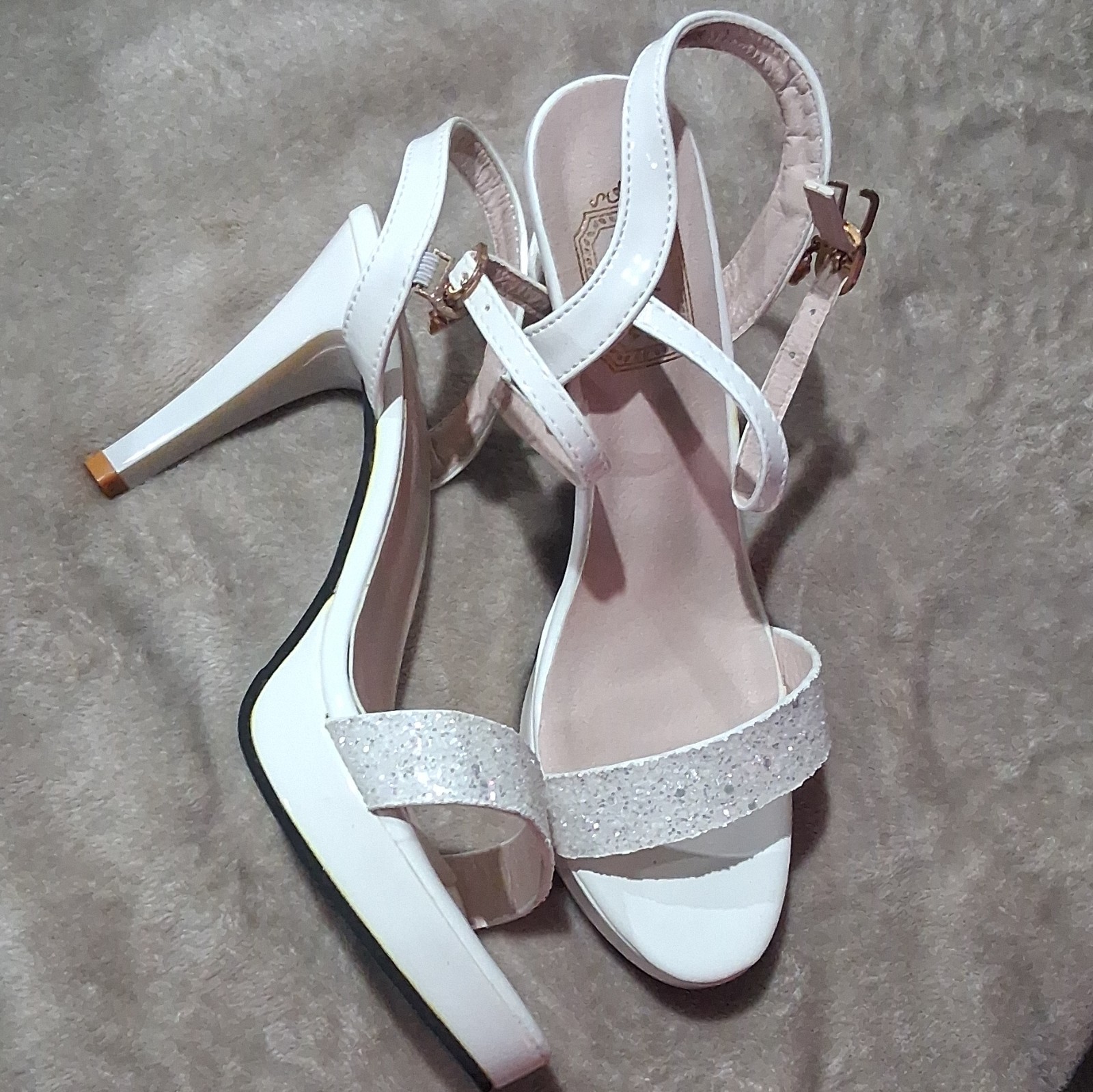 Women’s White Glitter Strappy Open Toe Ankle Strap Stiletto Heel Buckle EU 39
