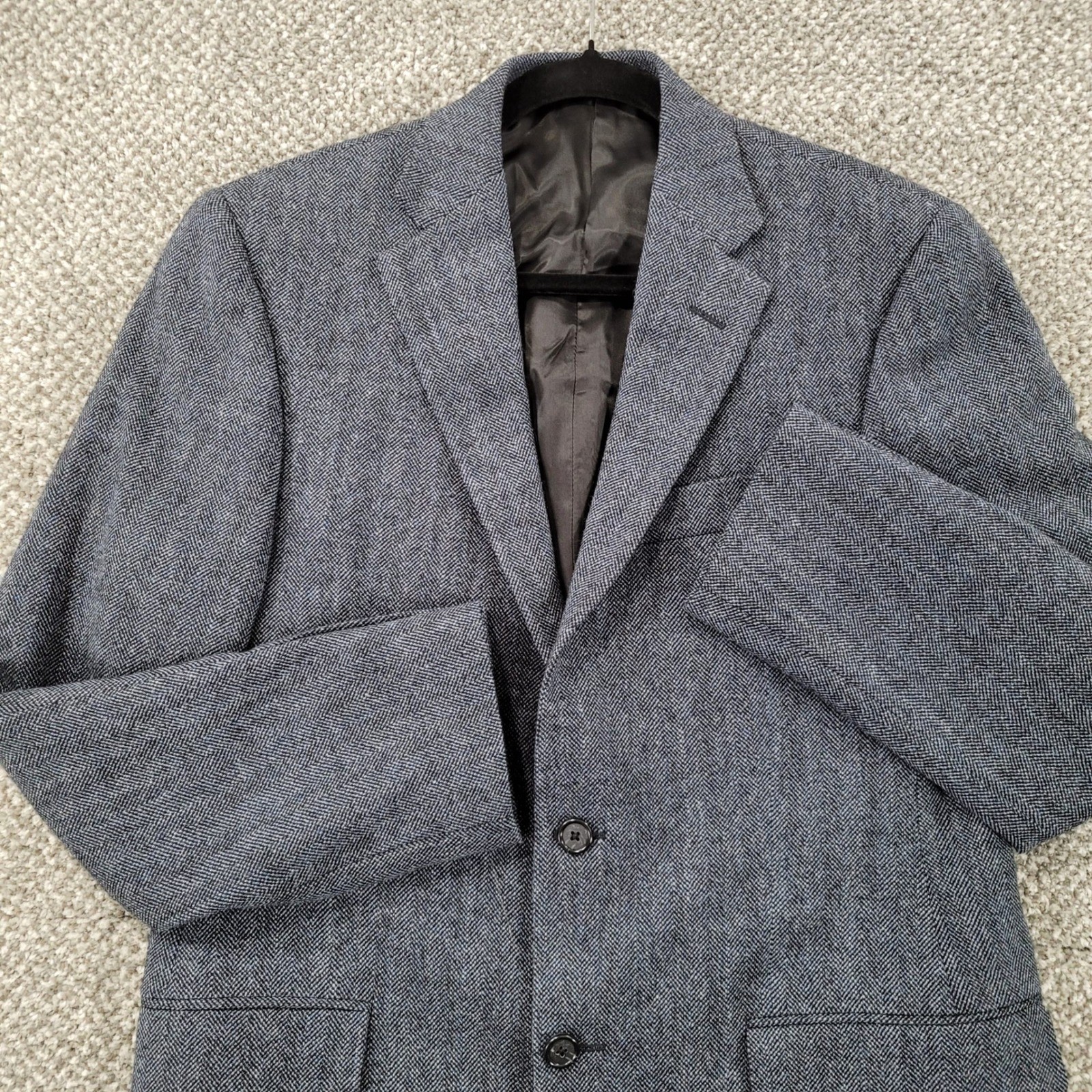 Hickey Freeman Milburn Mens 38R Blazer Blue Grey Herringbone Worsted Wool Jacket