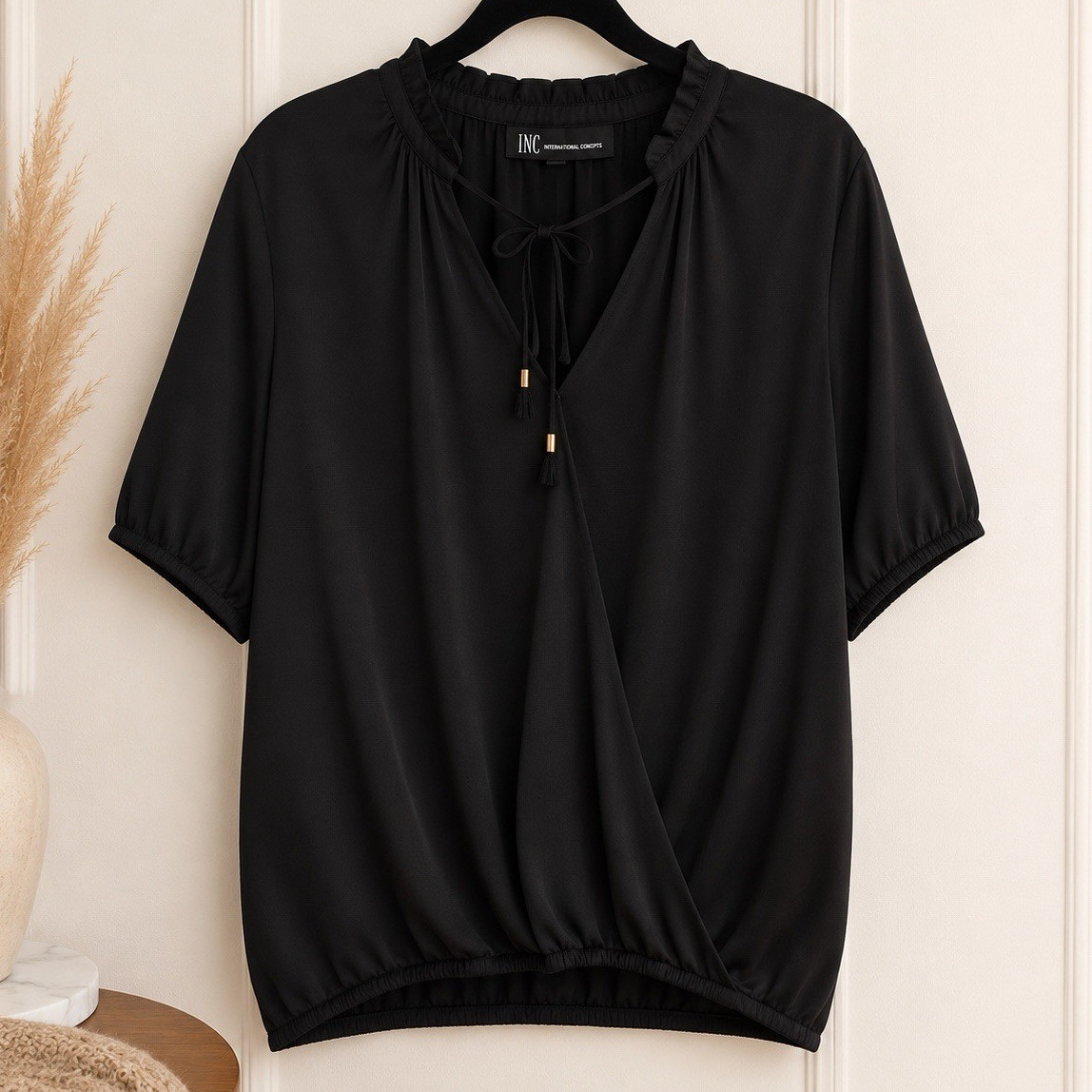 I.N.C. International Concepts Black V-Neck Ruffle Tie Blouse 3X