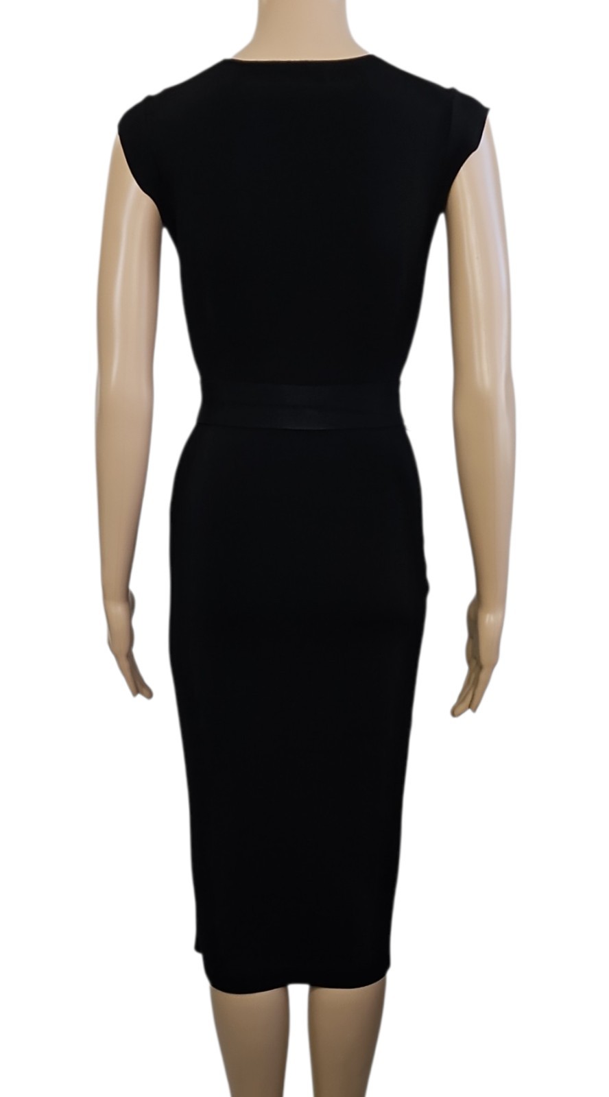 BABATON Black V Neck Cap Sleeve Belted High Slit Midi Bodycon Sheath Dress XS