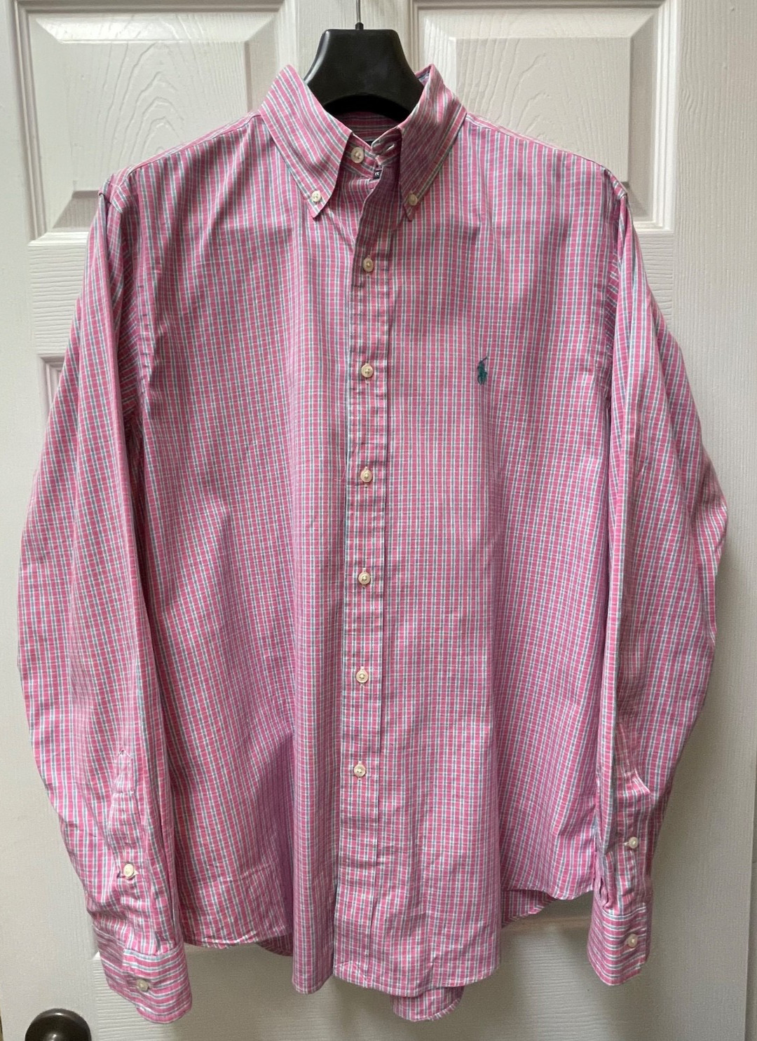 Polo Ralph Lauren Men’s 16.5 34/35 Pink Plaid L/S Oxford Classic Fit Pony