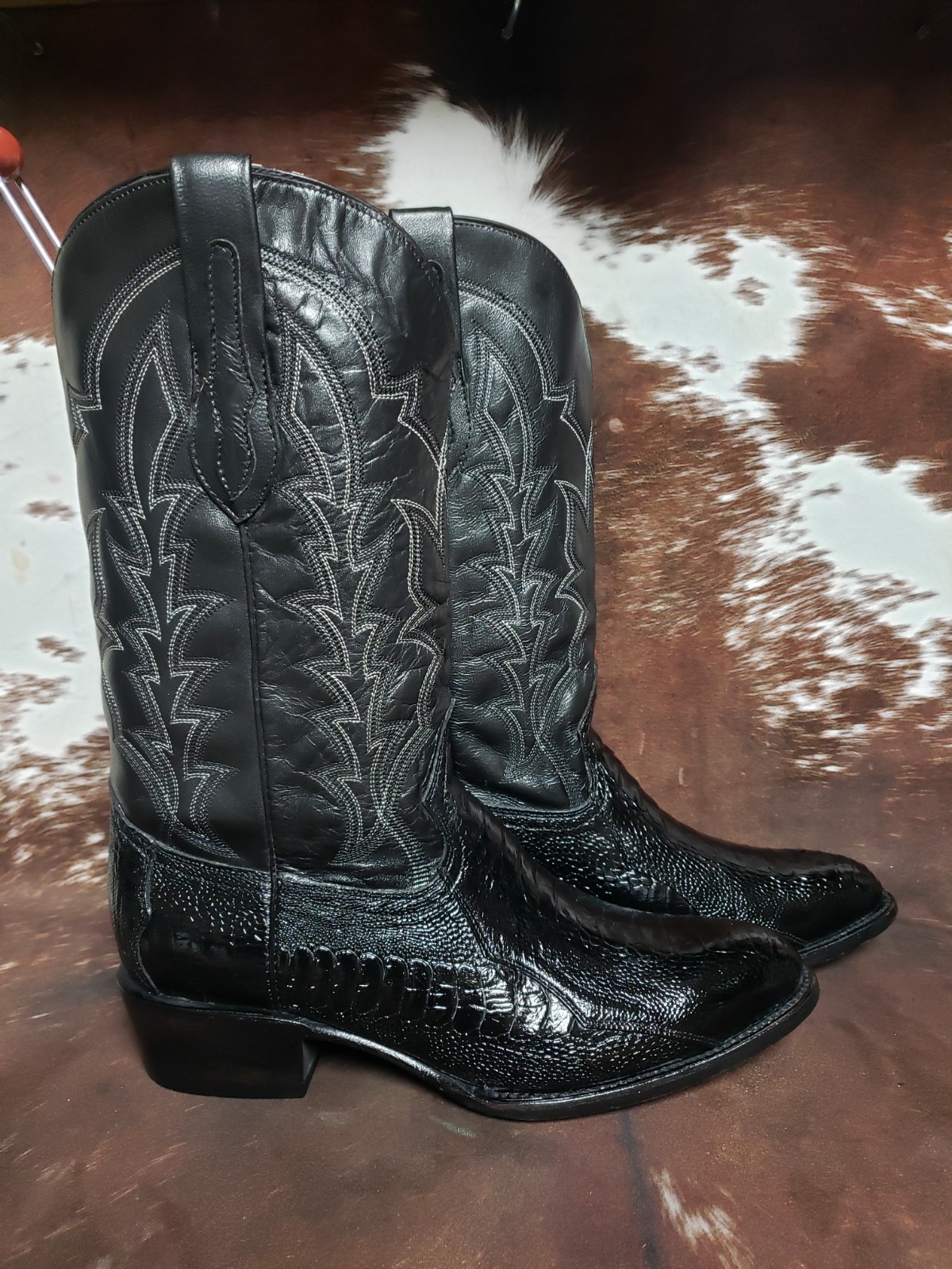 J Chisholm Vintage Genuine Ostrich Leg Black Western Cowboy Boots Mens 12 EE
