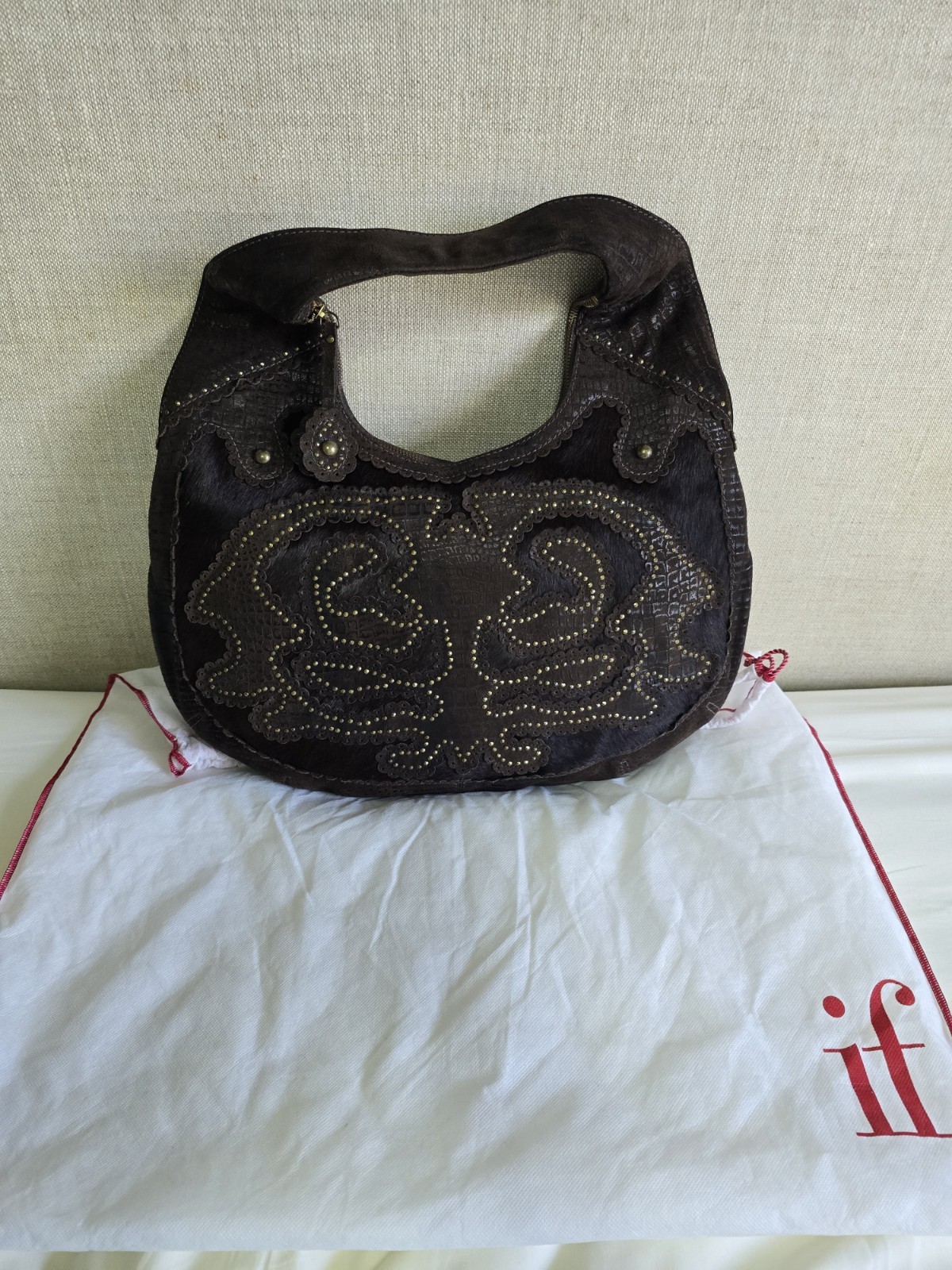 Isabella Fiore NWT, Brown Leather/Calf Hair Studded Hobo Bag, Aldic Ging RARE