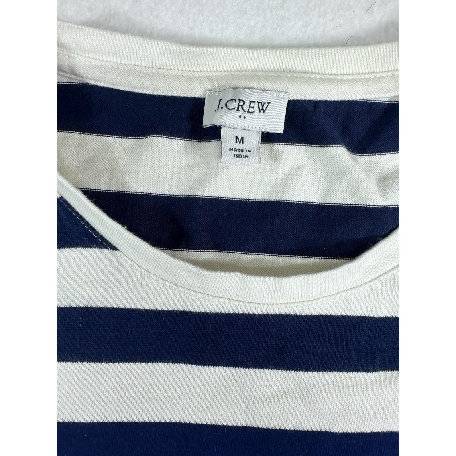 J. Crew Sailor Stripe Boatneck T-Shirt M Navy Blue White Gold Button Hem SP24