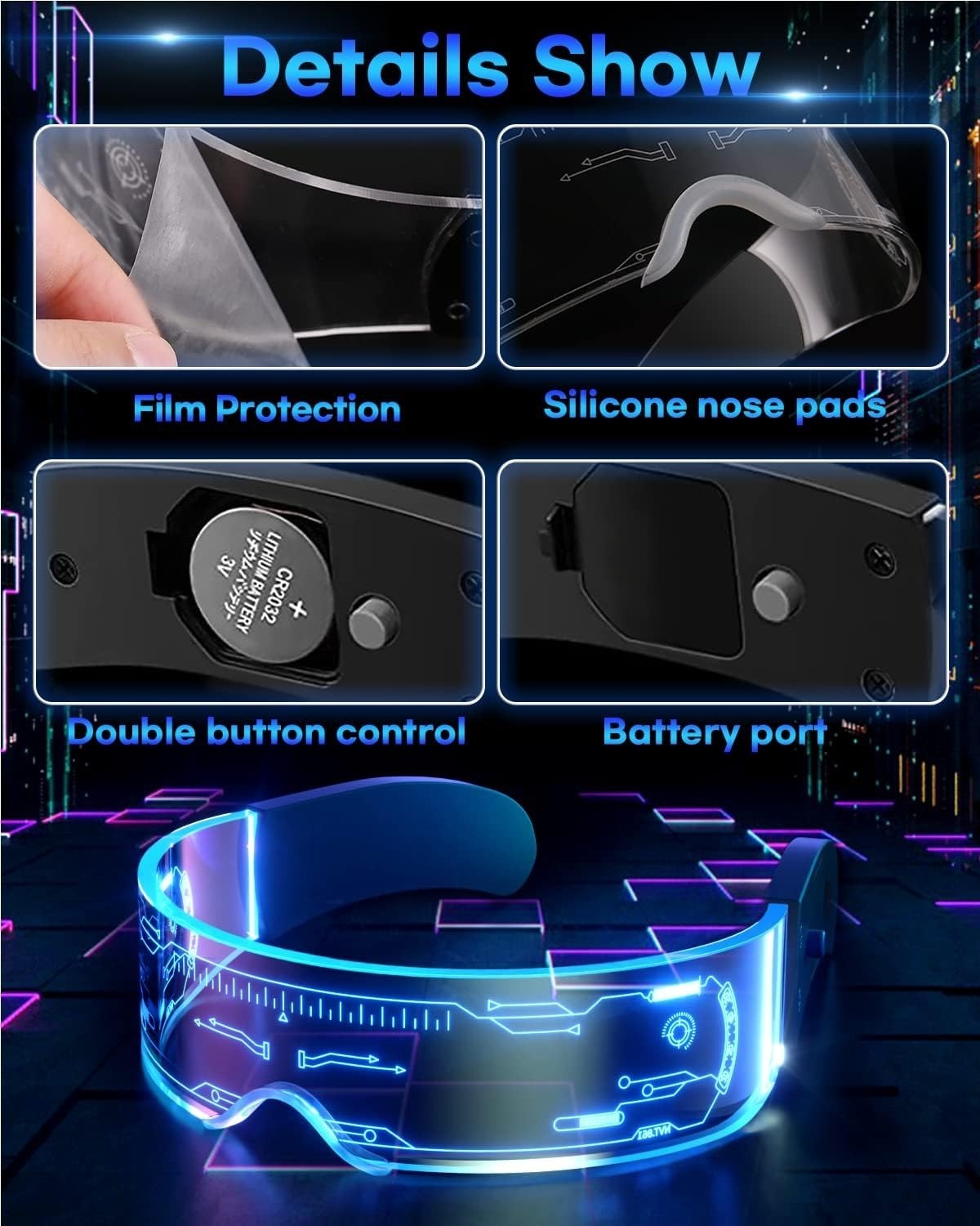 NIUCOO LED Visor Light Up Glasses – 7 Colors, 4 Modes – Futuristic Goggles