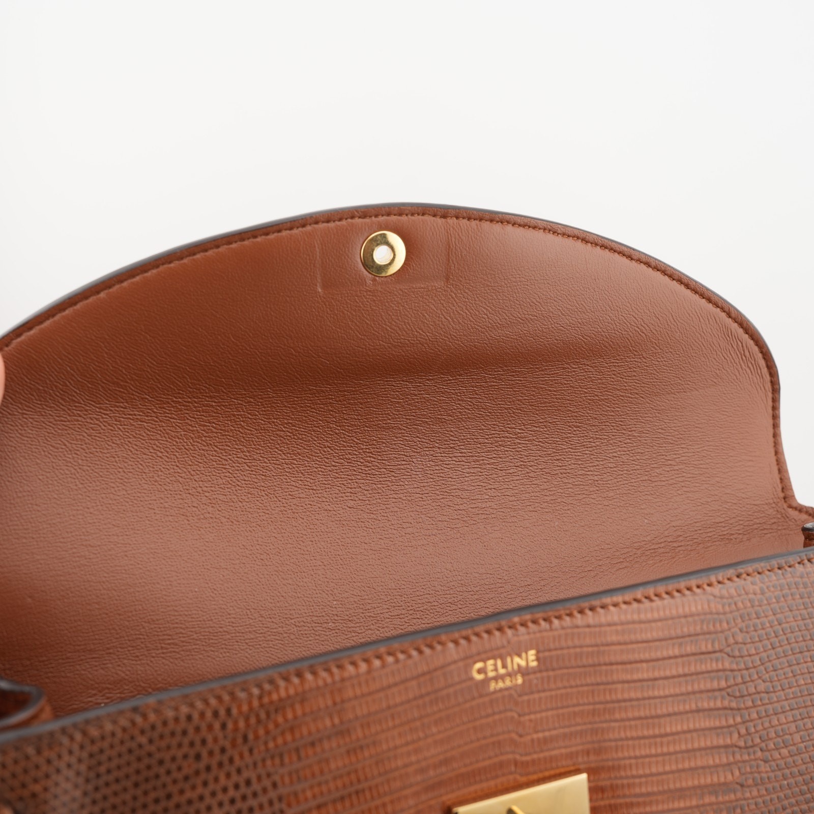 Celine Shiny Lizard Leather Maillon Triomphe Clutch Brown