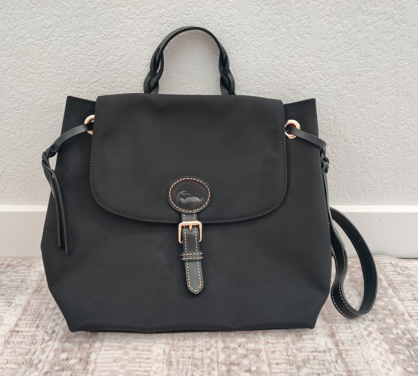 Dooney & Bourke Black Backpack Red Lined Top Handle Buckle Gold HW Medium