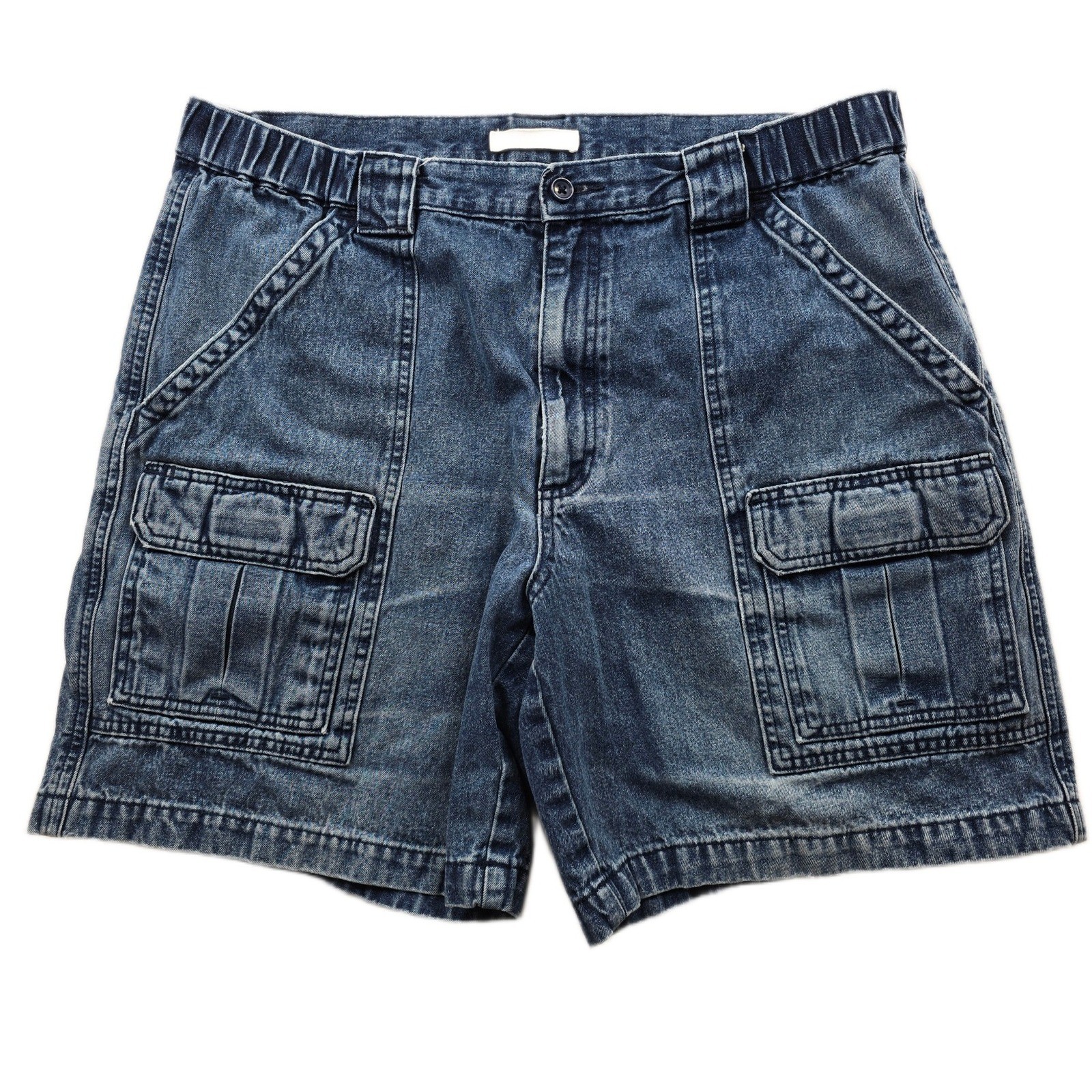 Savane Denim Cargo Shorts Mens 34 Blue Acid Wash Jean Elastic Waist Utility