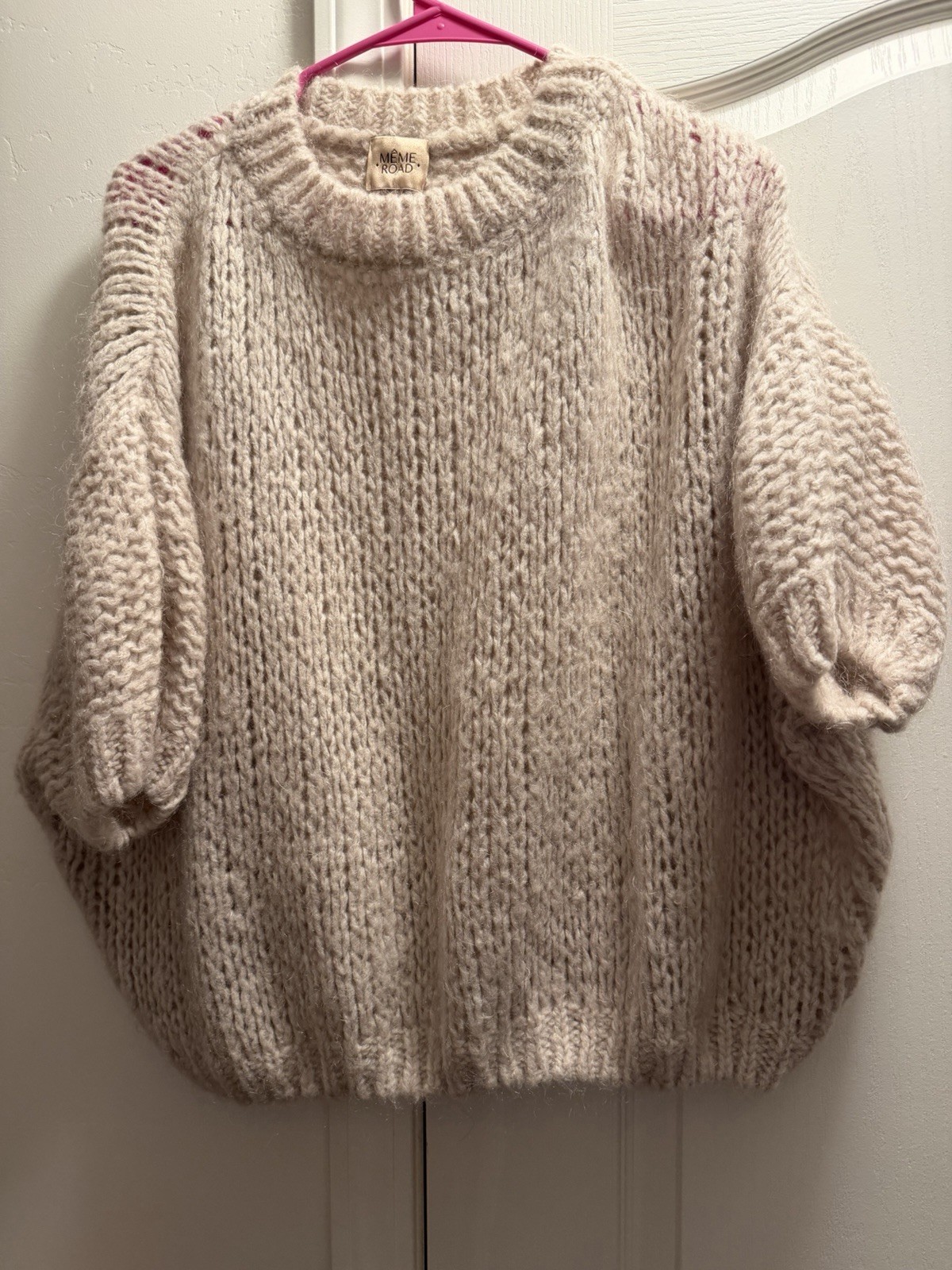 MÉME ROAD Women’s M Beige Acrylic Chunky-Knit Crew Neck 3/4 Sleeve Pullover