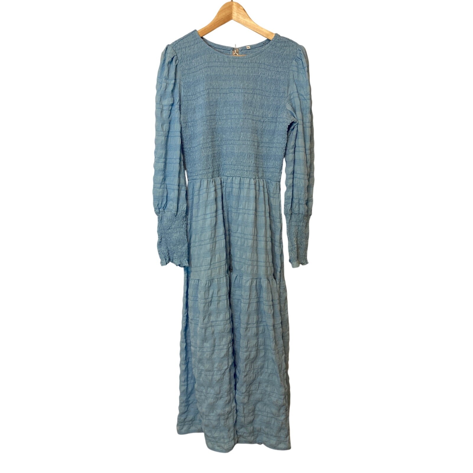 Milk Maid Tradwife Light Blue Long Puff Sleeve Smocked Empire Waist Maxi Dress
