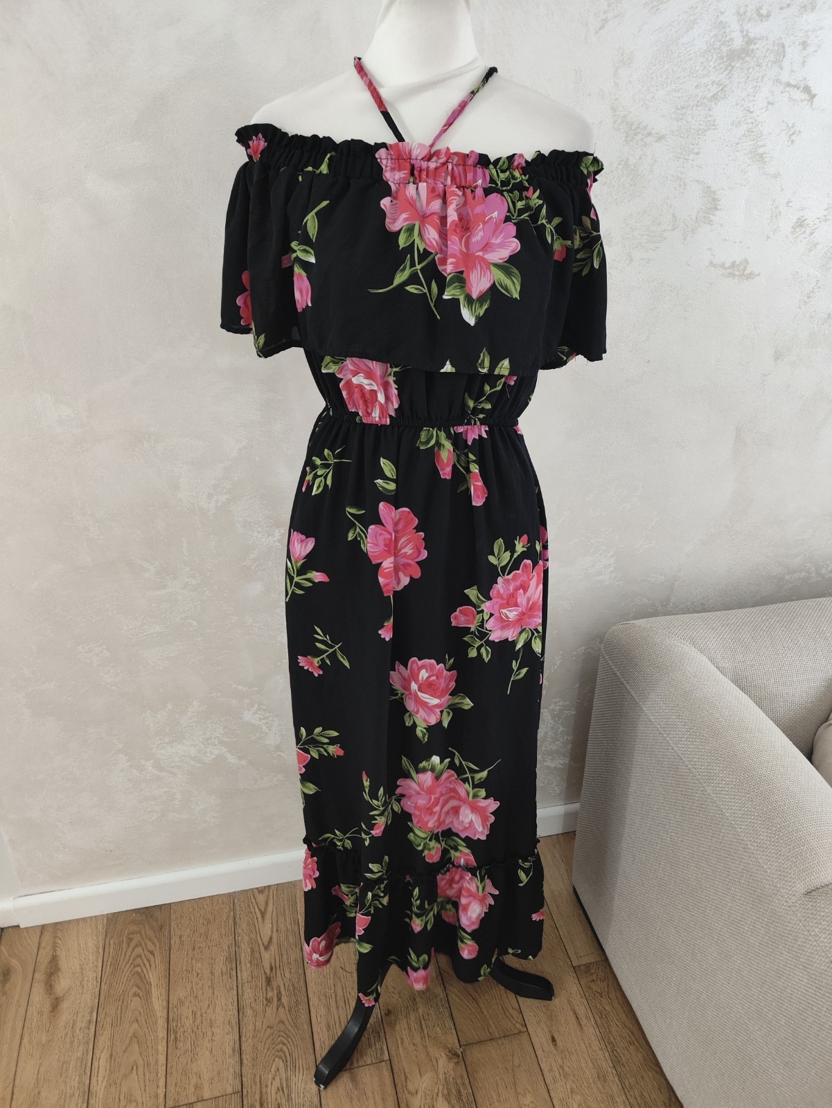 Atmosphere Women Maxi Long Dress 10 Black Pink Floral Casual Halter Summer Boho