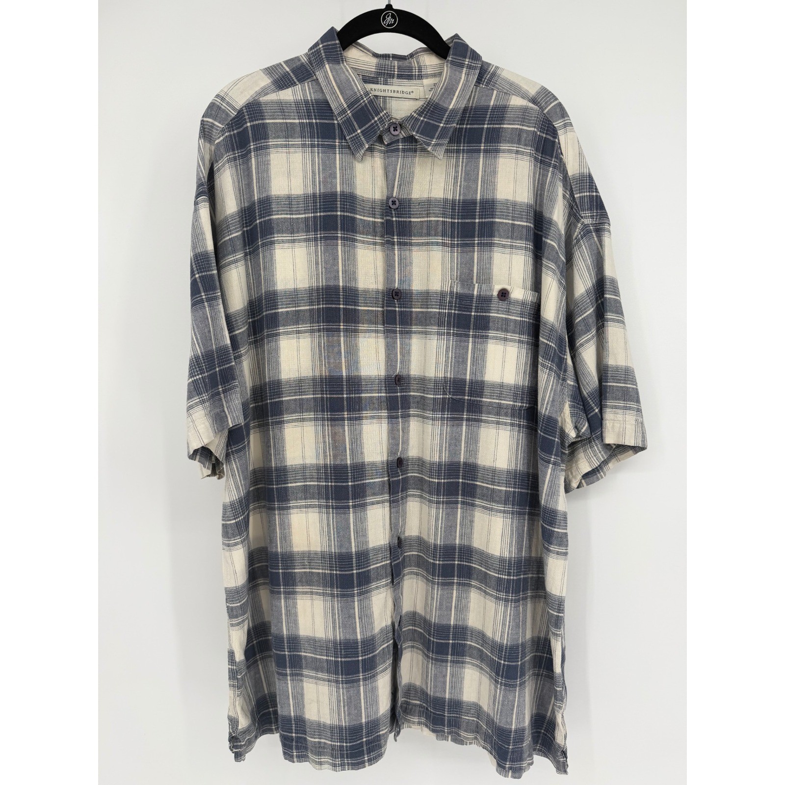 Knightsbridge Mens 2X Blue Cream Plaid Linen Blend Short Sleeve Button Up Shirt