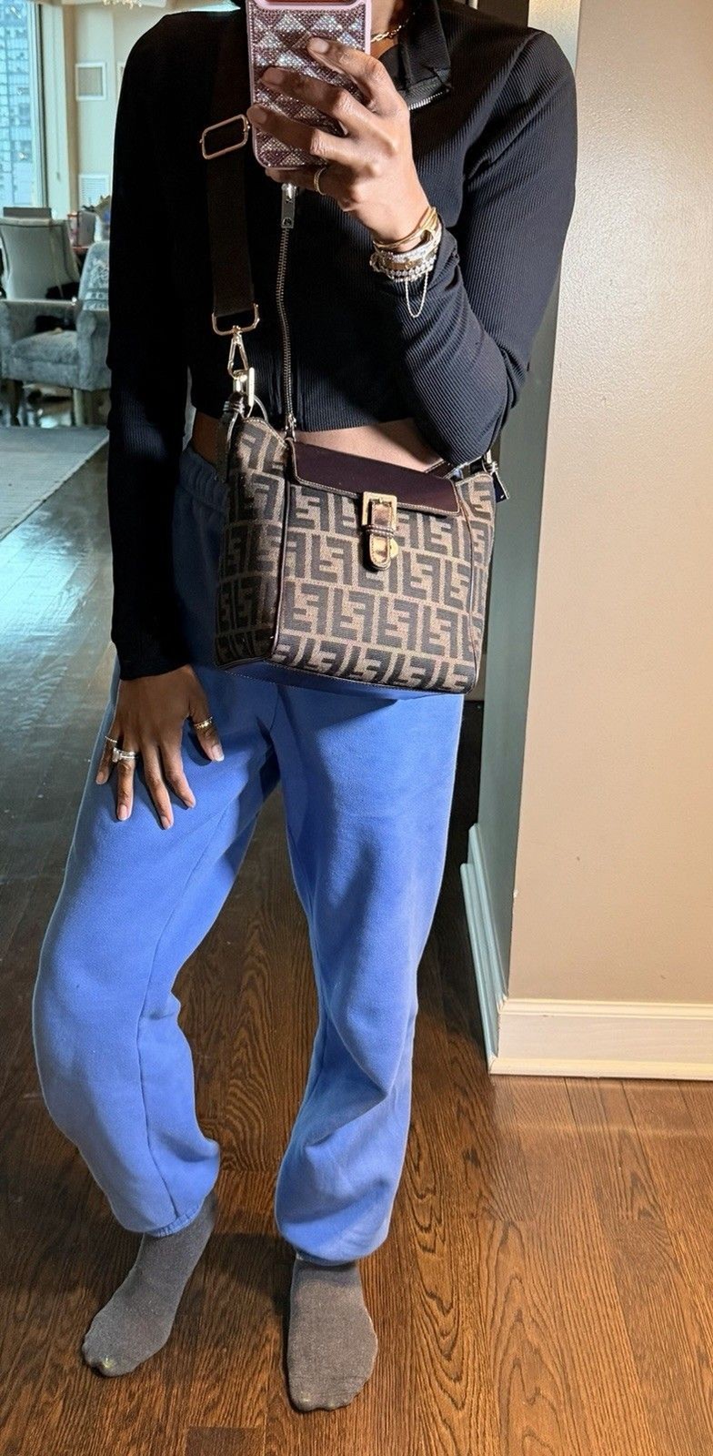 ✨ Authentic Fendi Zucca Shoulder Top Handle Crossbody Bag Canvas & Leather FF