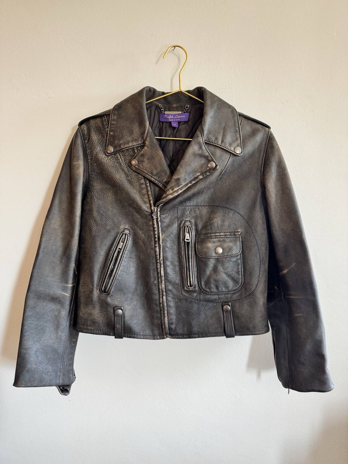 polo ralph lauren purple label 100% calf skin leather moto jacket womens size 8
