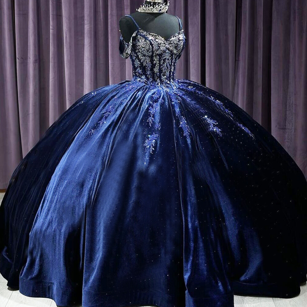 Royal Blue Quinceanera Dresses Velvet Beaded Pageant Party Ball Gowns Sweet 16