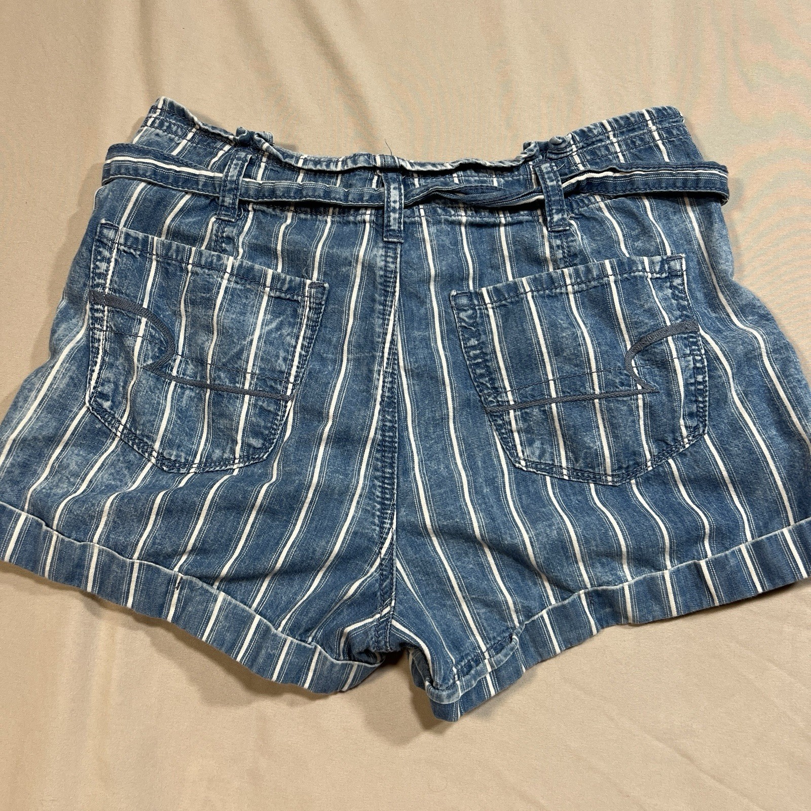 American Eagle Pinstripe Chambray High-Waisted Striped Paperbag Shorts – Size 4