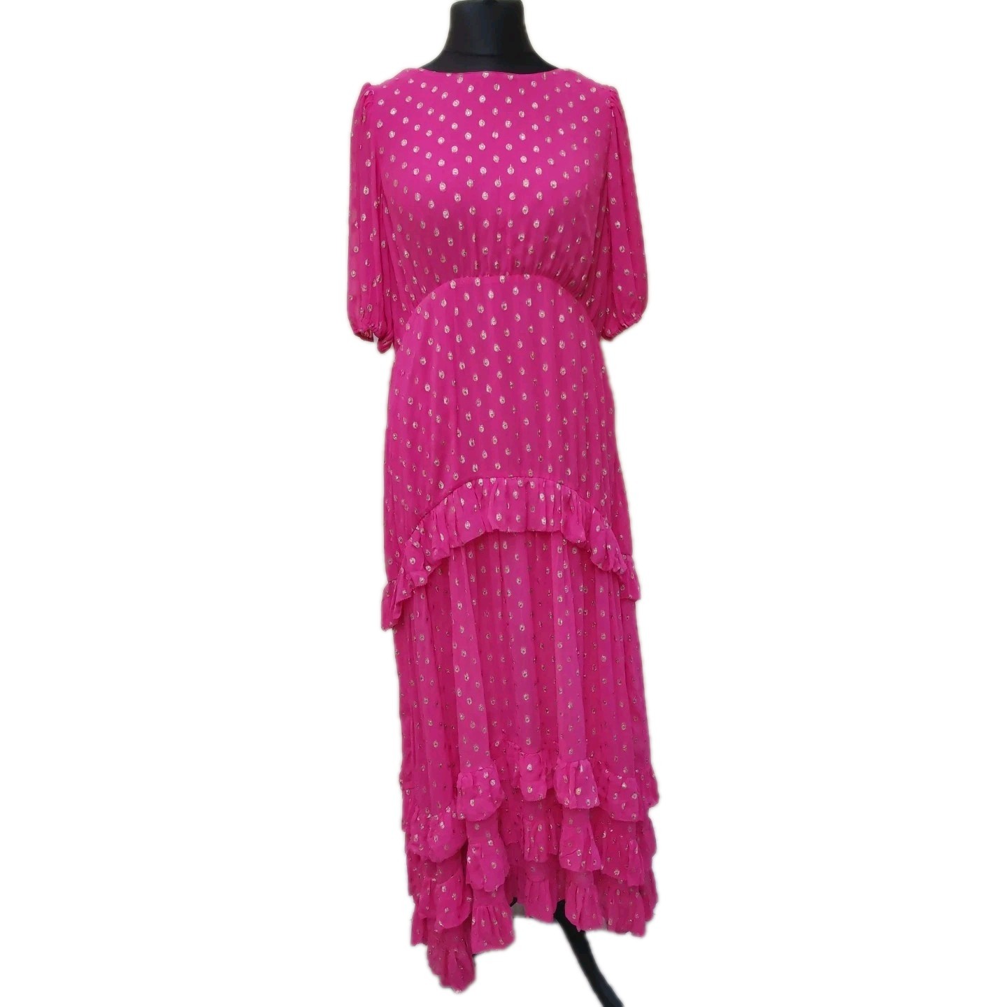 Rixo Pink Gold Dot Midi Dress XXL Size 18 Shireen Layers Sheer V-back Wedding