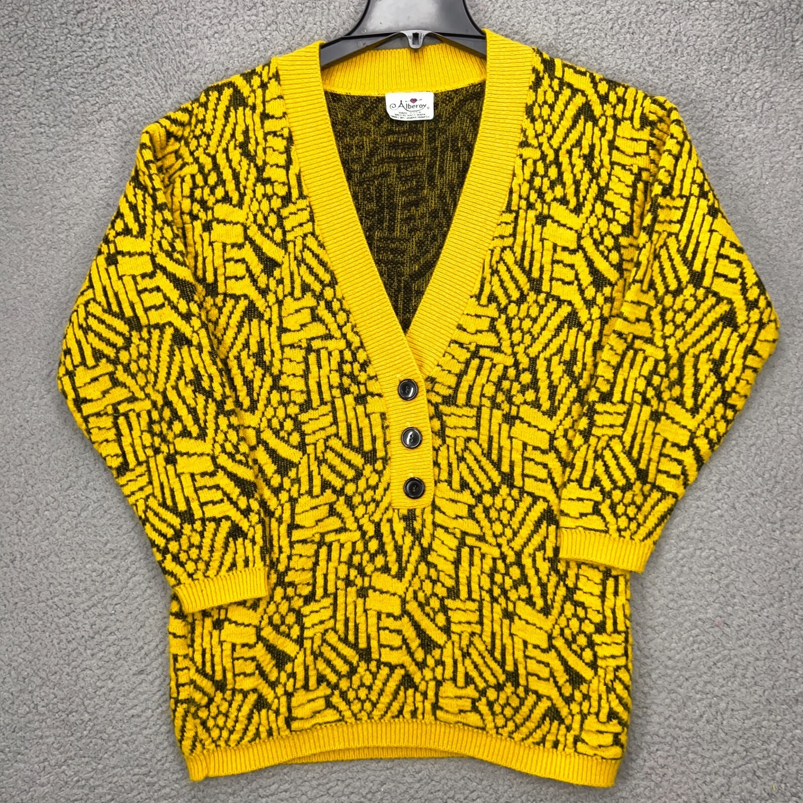 Alberoy Cardigan Sweater Womens Medium Yellow Geometric Vintage Hipster Retro