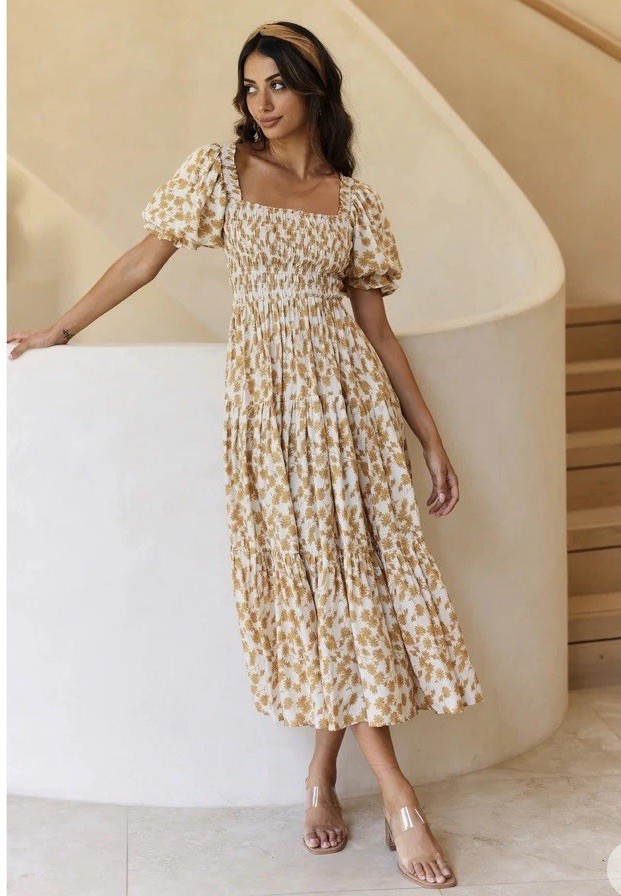 Fortunate One Land and Sky Maxi Dress Yellow, Size Small