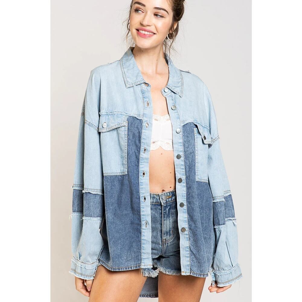 POL “Skyline” Two-Tone Patchwork Denim Colorblock Shirt Light Medium Blue Sz S