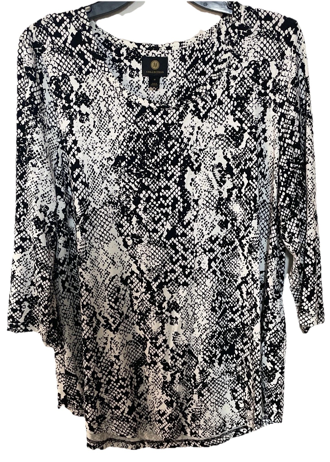 JM Collection Tunic Top Med Black White Abstract Print Blouse